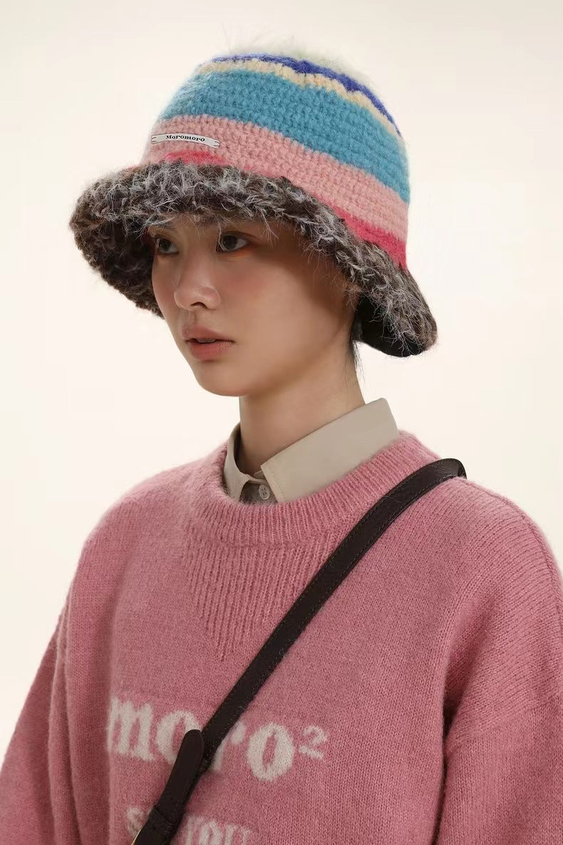 Niche Retro Contrast Color Stripes Hand Crocheting Woolen Cap