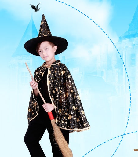 Kids Wizard Cloak Costume with Hat Star Print Polyester Cape for Halloween Party Dress Up