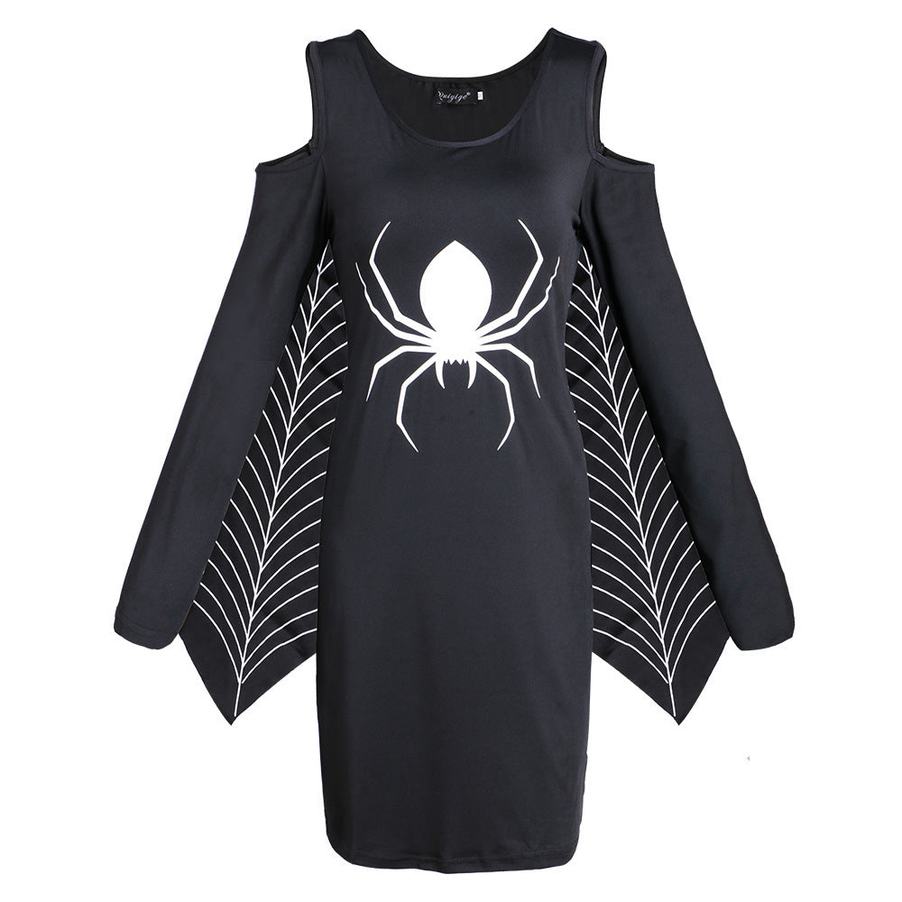 Women’s Black Spider Web Bodycon Dress – Halloween Party Costume Outfit with Short Sleeves
