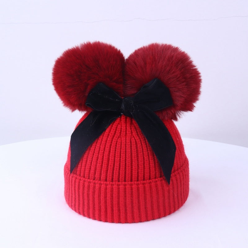 Double Ball Bow Knit Hat For Thick And Warm