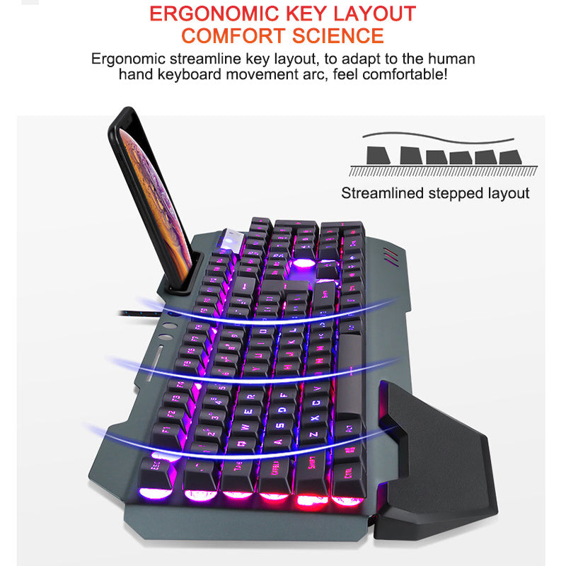 Ergonomic Wired Gaming Keyboard with RGB Backlight & Phone Holder – Full-Size, Anti-Ghosting