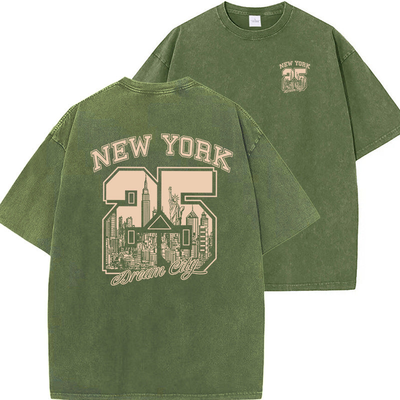 Unisex Relaxed Washed Vintage Print Short Sleeve Cotton Tee