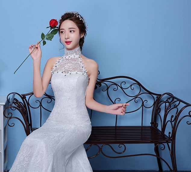 Large Size Red Korean-Style Fishtail Wedding Dress with Hanging Neck