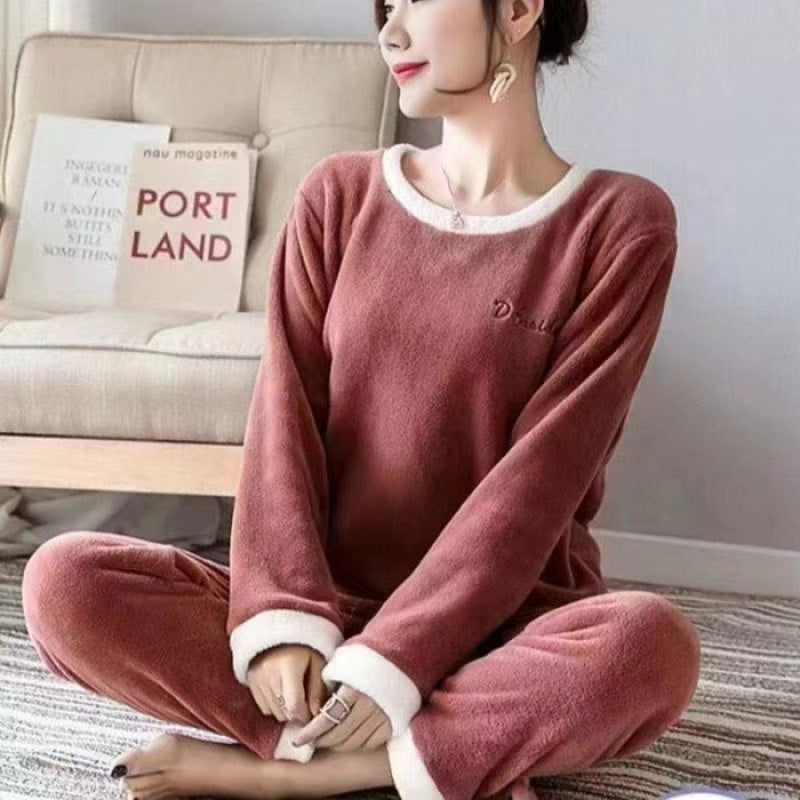 Womens Coral Fleece Winter Pajamas Relaxed Fit Long Sleeve