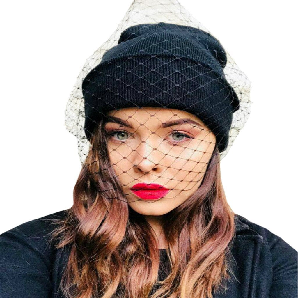 Retro Veil Knitted Warm Woolen Flat Top Hat