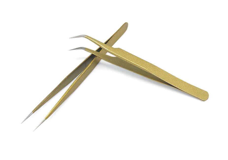 Gold Eyelash Tweezers – Stainless Steel Curved & Straight Extensions Tool