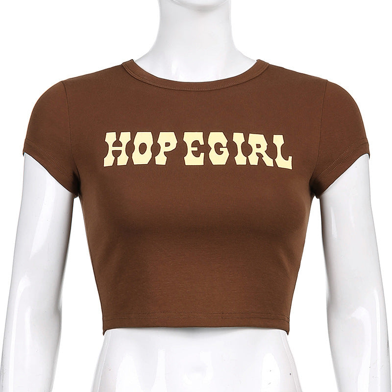 Vintage Brown Letter Print Bottoming Casual Crop Top