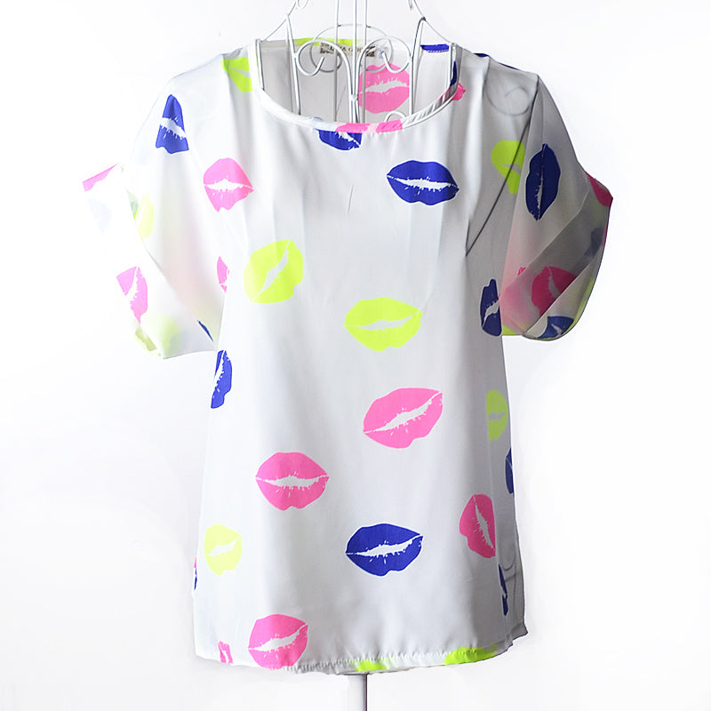 USA Size Loose Fit Chiffon Shirt – Short Sleeve Printed Blouse for Women (Plus Size)
