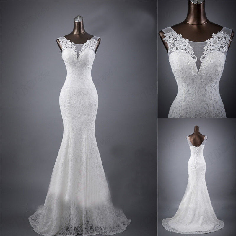 Elegant Lace Slim Double Shoulder Fishtail Wedding Dress with Tail