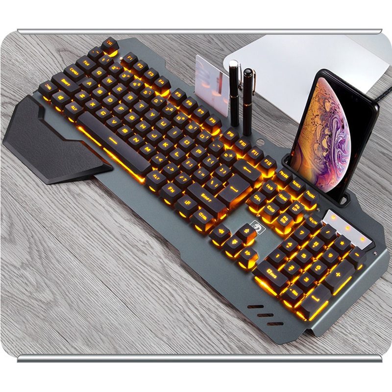 Ergonomic Wired Gaming Keyboard with RGB Backlight & Phone Holder – Full-Size, Anti-Ghosting