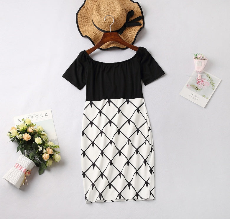 Europe and the United States parent-child mother and girl off-the-shoulder print skirt one-shoulder women's clothing