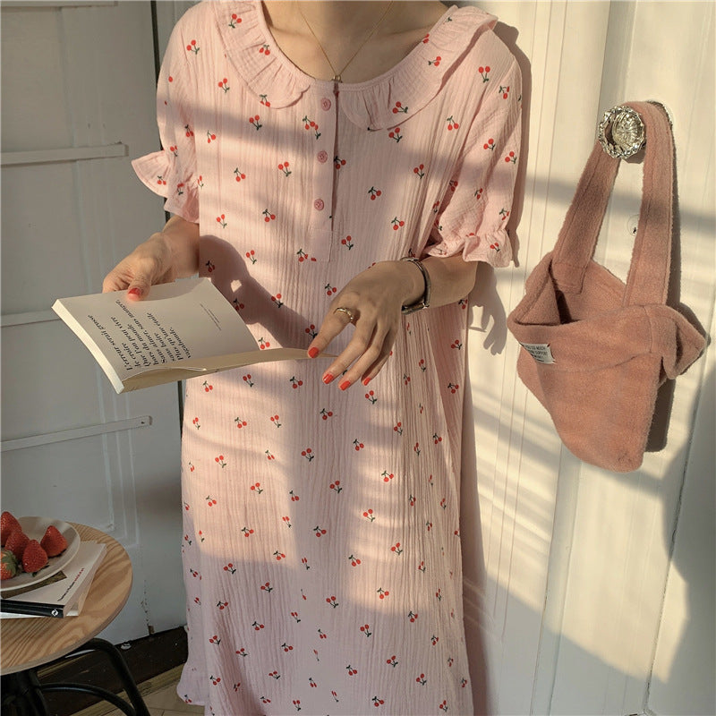 Cute Little Cherry Casual Loungewear Dress Doll Collar Nightdress