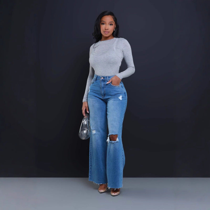 Women's Ripped High Waist Loose Straight Wide-Leg Jeans