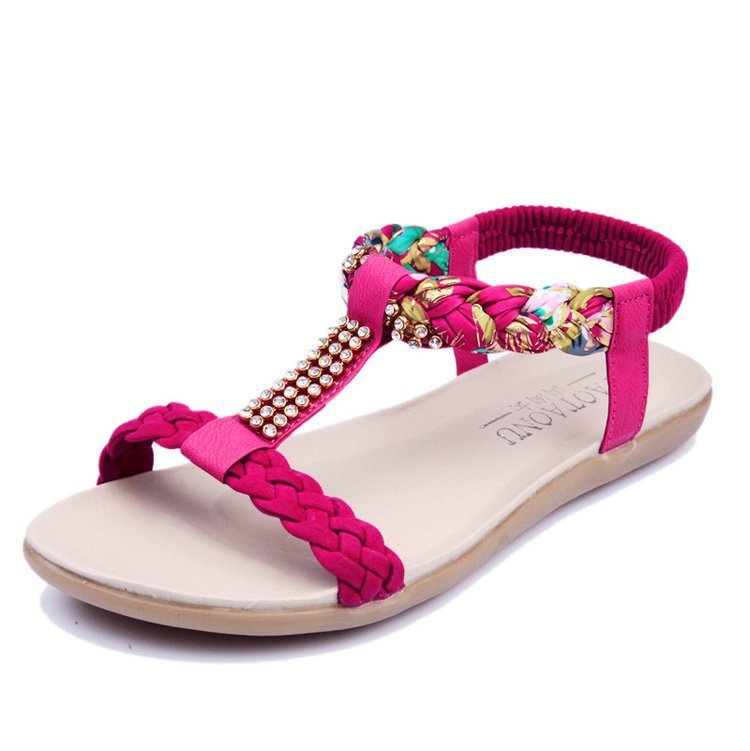 Women's Summer Bohemian Sandals Rhinestone Flat-heeled Flat Peep Toe Shoes