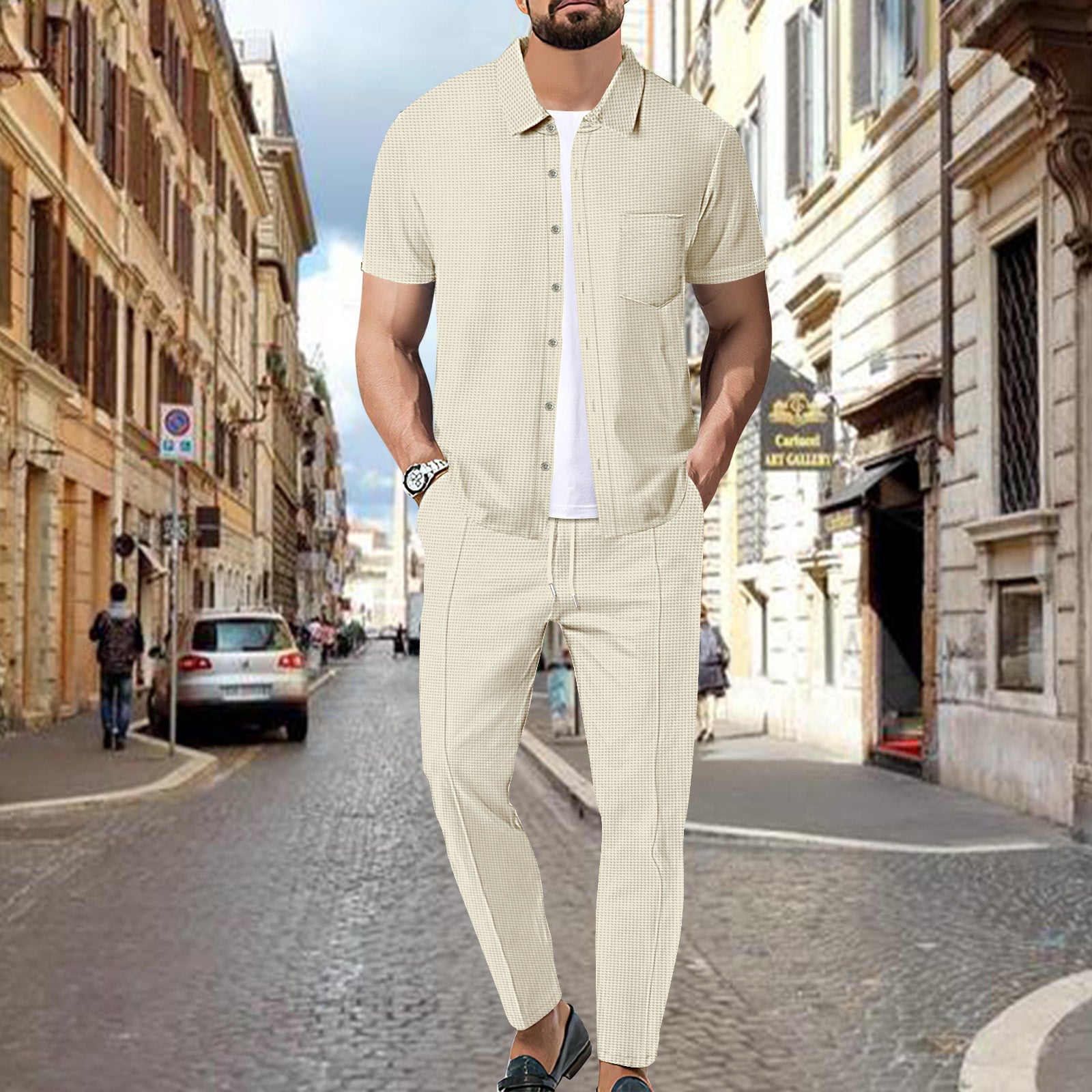 Unisex Polyester Zipper Short Sleeve Top And Shorts Set