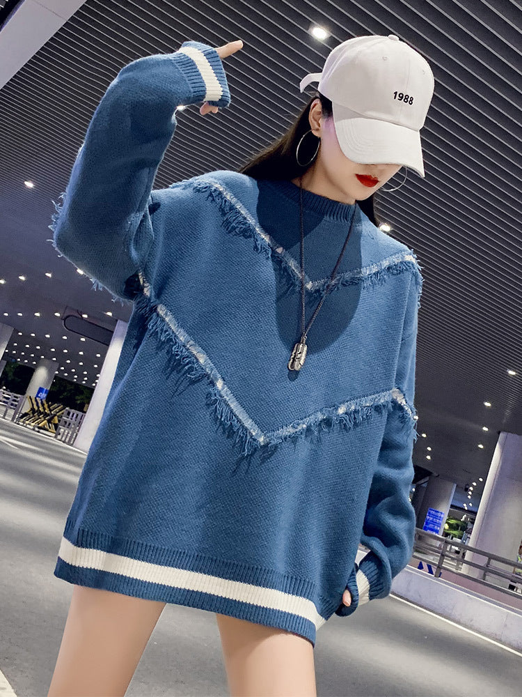 Fringed Stitching Sweater Women Round Neck Pullover