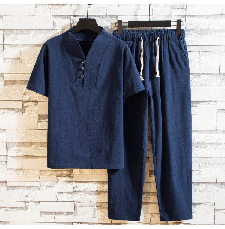 Summer linen suit men's cotton short sleeve