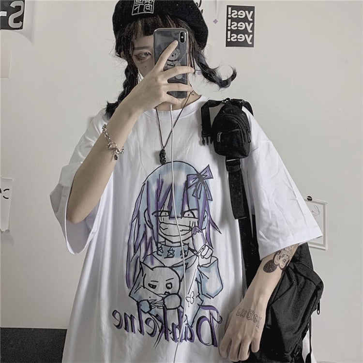 Cartoon Print Loose Short Sleeve T-Shirt Women