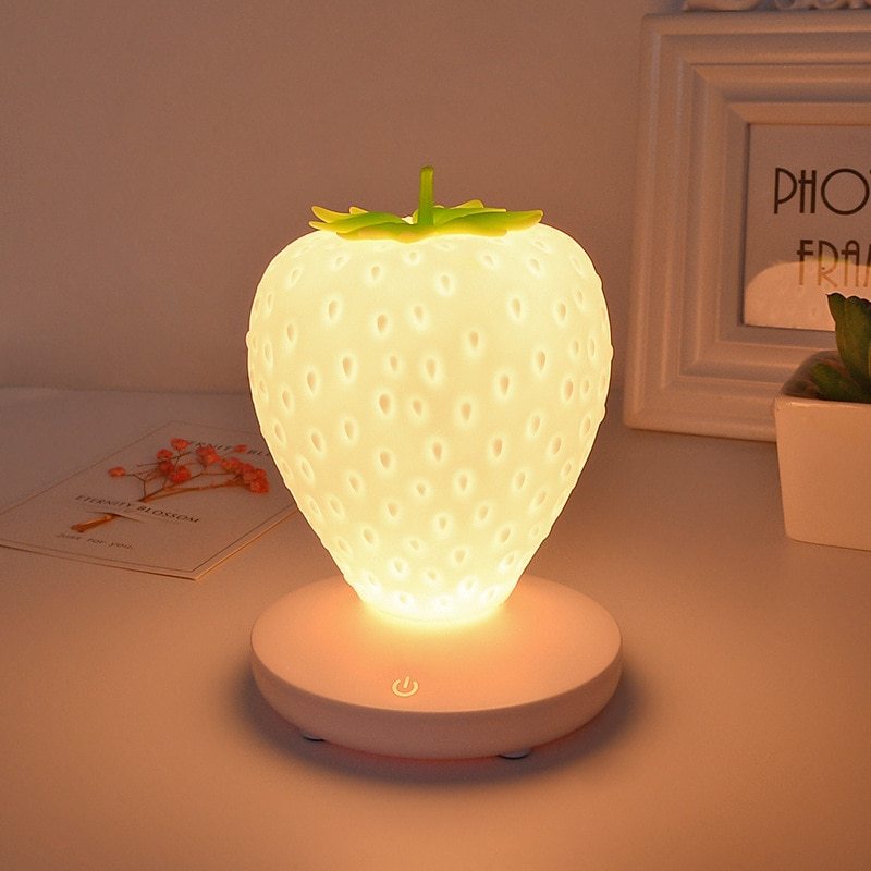USB Rechargeable Strawberry Night Light – Cute LED Desk & Bedside Lamp