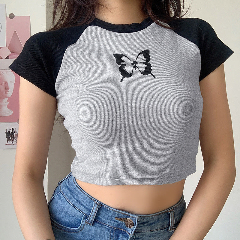 Women's Tide Hit Color Waistcoat Butterfly Print Tight-Fitting T-Shirt Bottoming Women