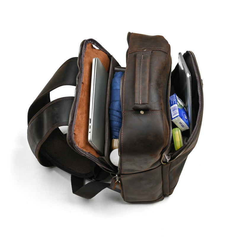 Men's European Genuine Leather Travel Backpack Solid Color