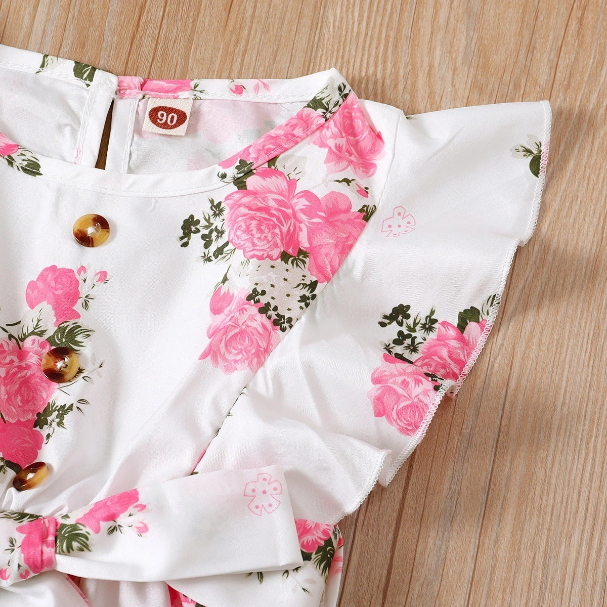 Small And Medium-sized Children's Small Flying Sleeves Ruffled Print Floral Belt Dress