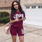 Women's Love Print Casual Two-Piece Set – Short Sleeve Top and Shorts