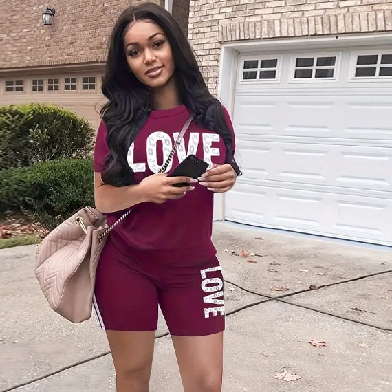 Women's Love Print Casual Two-Piece Set – Short Sleeve Top and Shorts