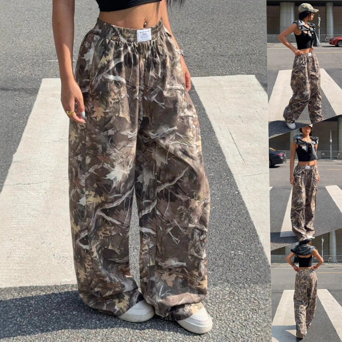High Waist Loose Fit Branch Pattern Pants – Comfortable Casual Style