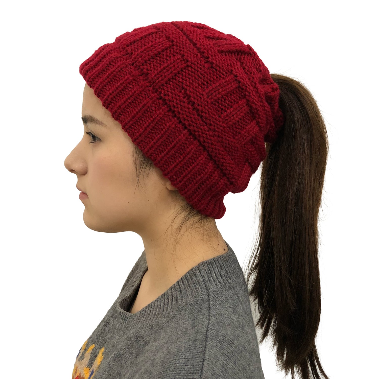 Soft Adjustable Wool Knit Ponytail Winter Hat for Women