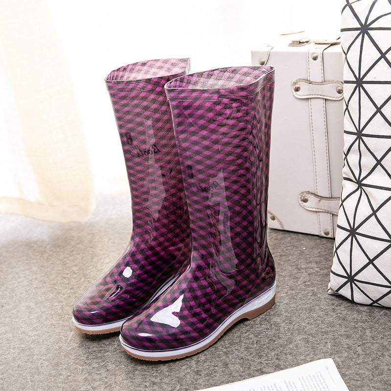 Women's PVC High Tube Water Boots Red Check Pattern