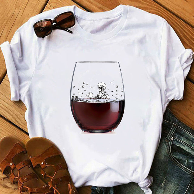 Foreign Trade New Red Wine Glass Electrocardiogram Printing Pattern Spot Short-Sleeved Shirt T-Shirt