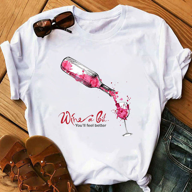 Foreign Trade New Red Wine Glass Electrocardiogram Printing Pattern Spot Short-Sleeved Shirt T-Shirt