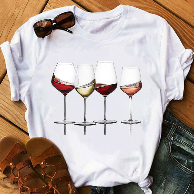 Foreign Trade New Red Wine Glass Electrocardiogram Printing Pattern Spot Short-Sleeved Shirt T-Shirt