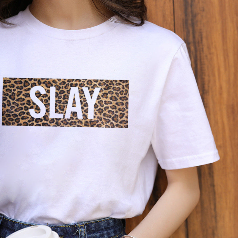 Leopard Print Women's T-Shirt – Chic Round Neck Short Sleeve Casual Top