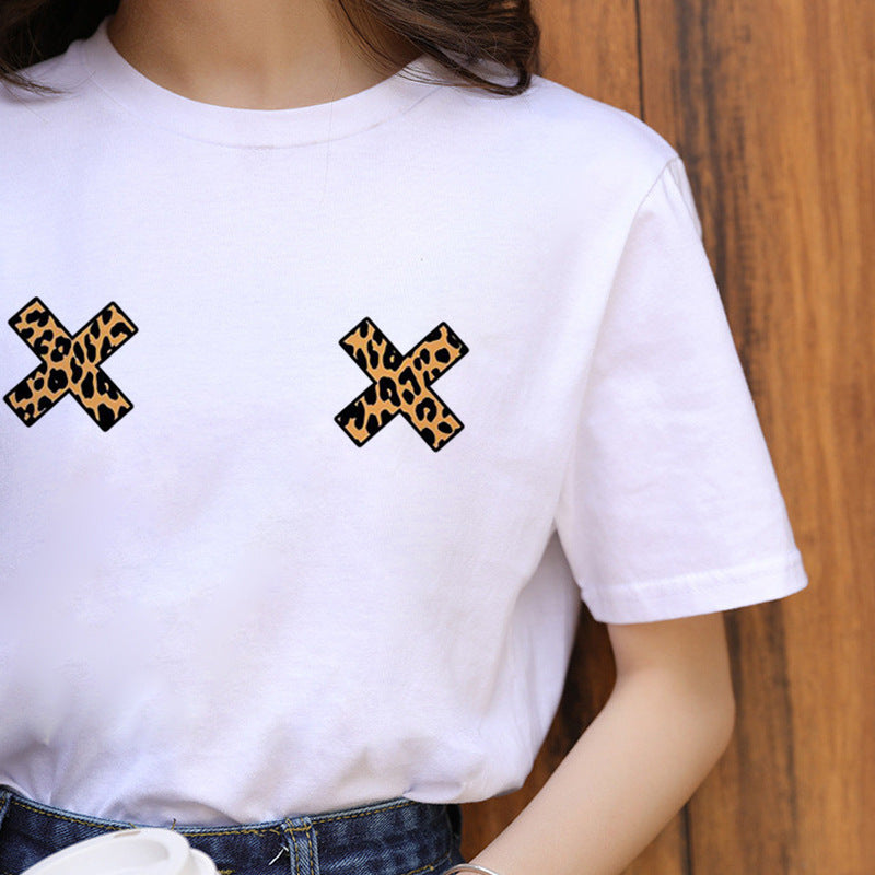 Leopard Print Women's Crew Neck Short Tee Poly