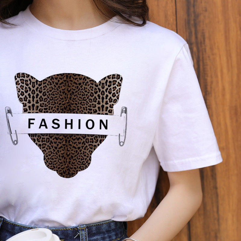 Leopard Print Women's T-Shirt – Chic Round Neck Short Sleeve Casual Top
