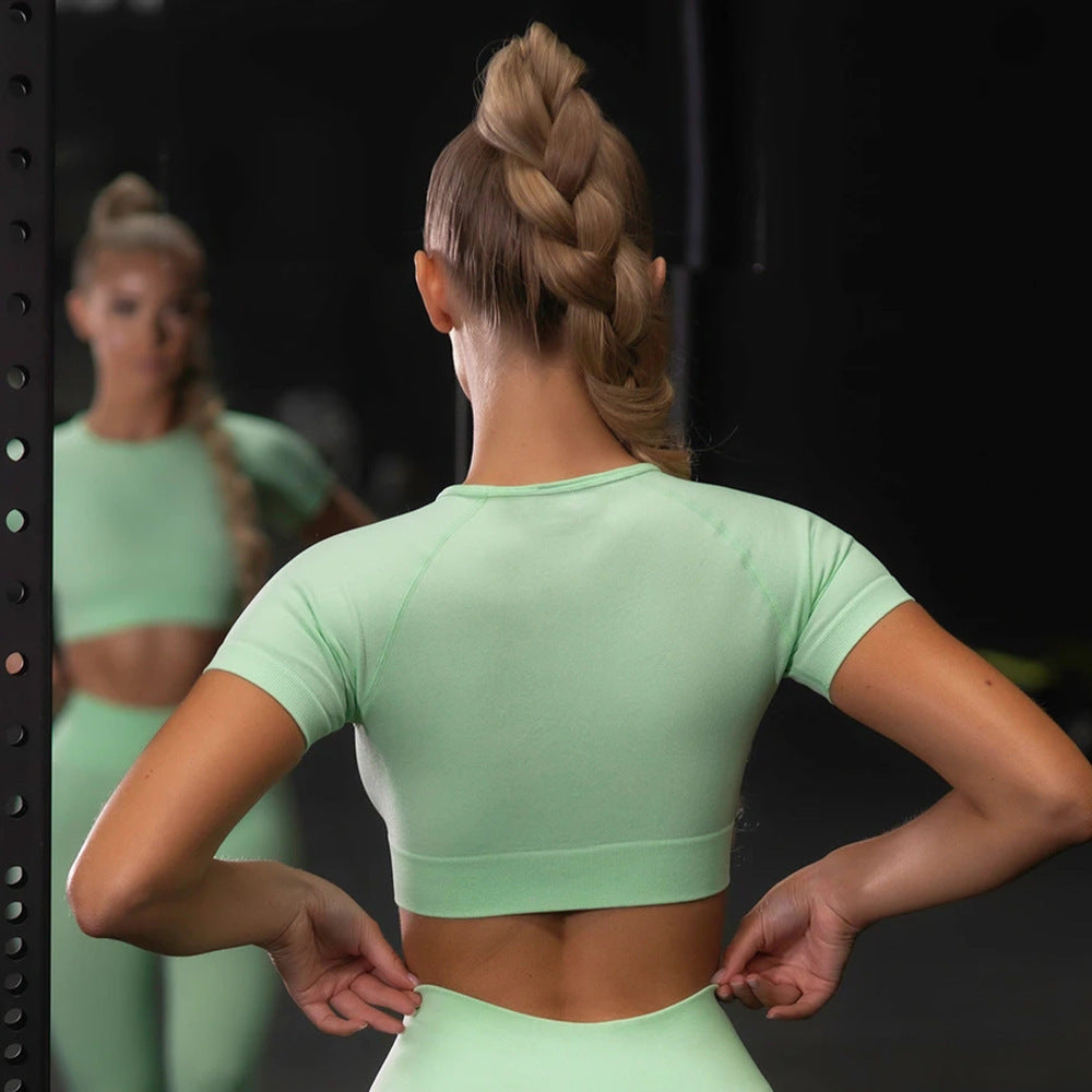 Women’s Seamless Short Sleeve Sports Crop Top with Leggings 2-Piece Set