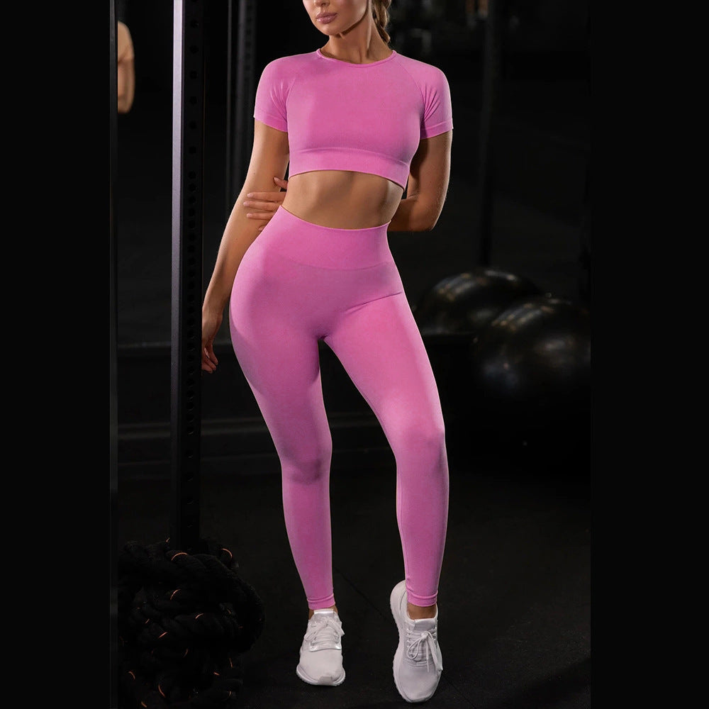 Women’s Seamless Short Sleeve Sports Crop Top with Leggings 2-Piece Set