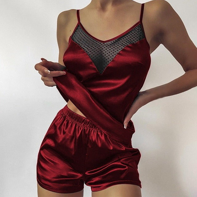Women's Satin Pajama Set Lace Nightie Top and Shorts