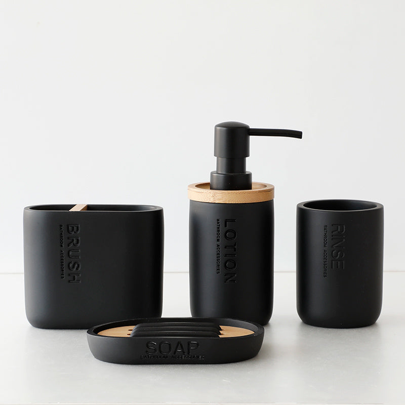 Resin Bamboo Bathroom Set – Toothbrush Holder, Soap Box & Hand Sanitizer Bottle
