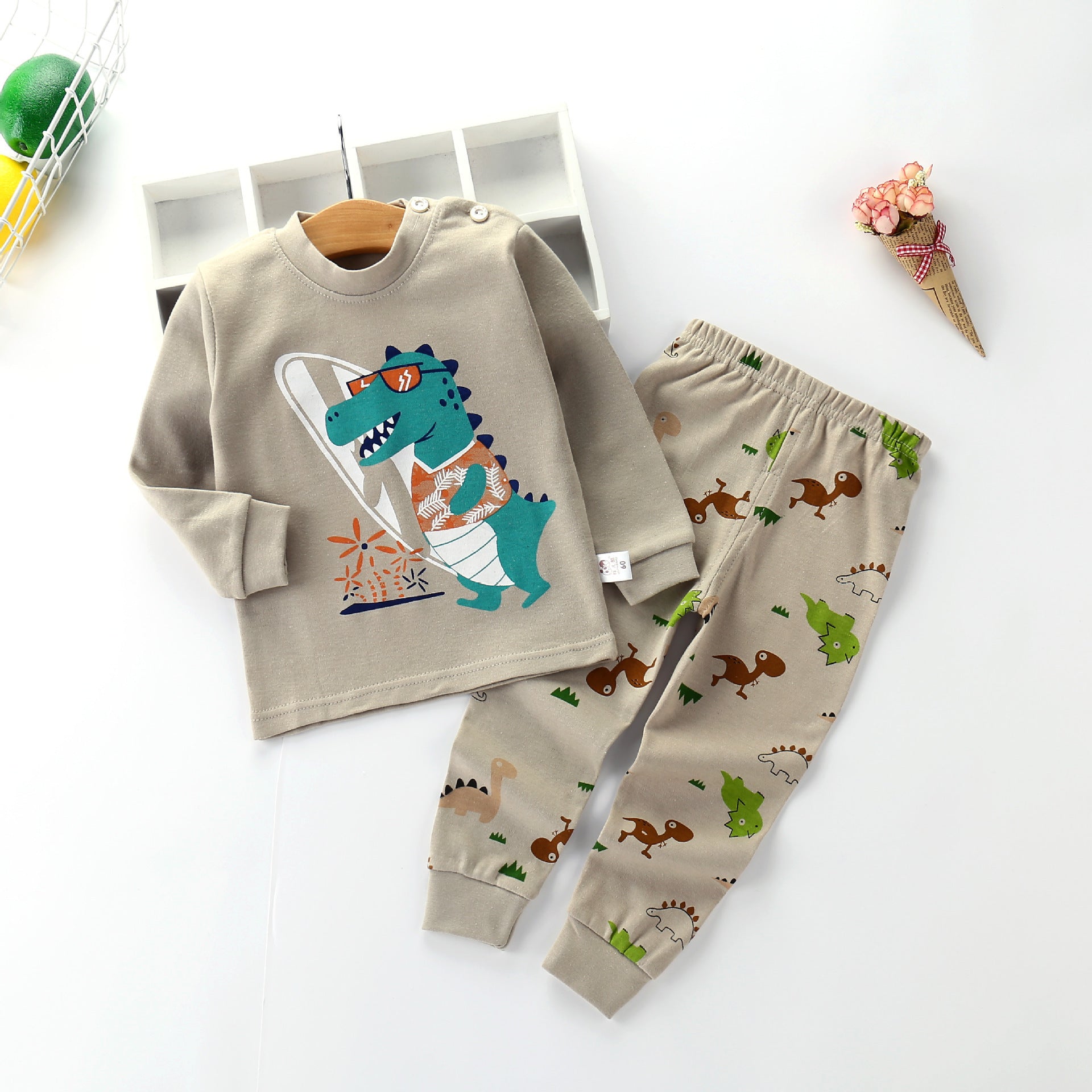 Children's Underwear Set Long-sleeved Color Matching Cotton Round Neck Shoulder Buckle