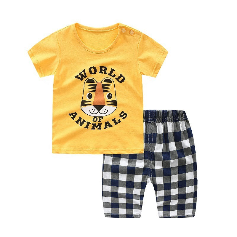 Children's Cotton Short-sleeved Suit Boys And Girls Two-piece Cotton Shoulder Buckle Baby Round Neck Casual Clothes