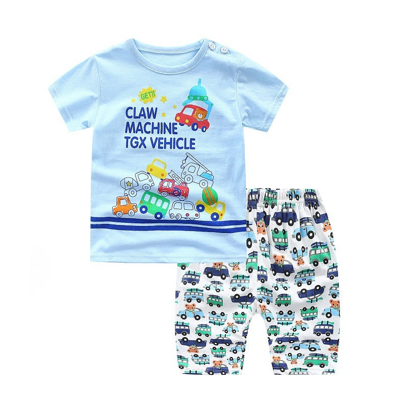 Children's Cotton Short-sleeved Suit Boys And Girls Two-piece Cotton Shoulder Buckle Baby Round Neck Casual Clothes