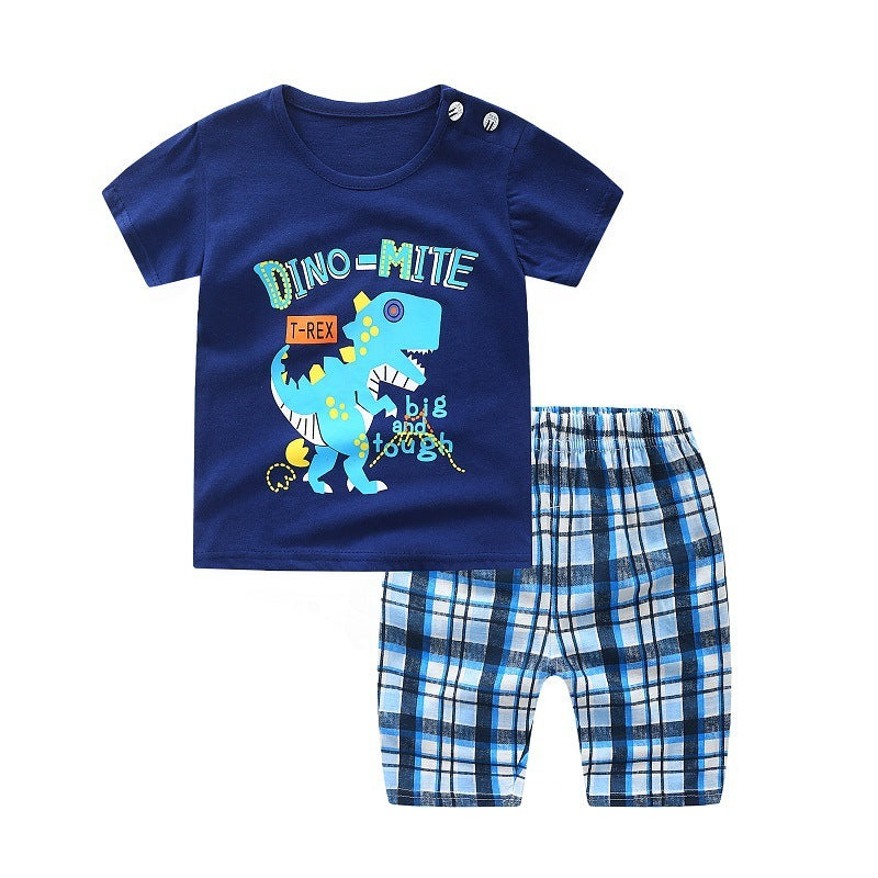 Children's Cotton Short-sleeved Suit Boys And Girls Two-piece Cotton Shoulder Buckle Baby Round Neck Casual Clothes