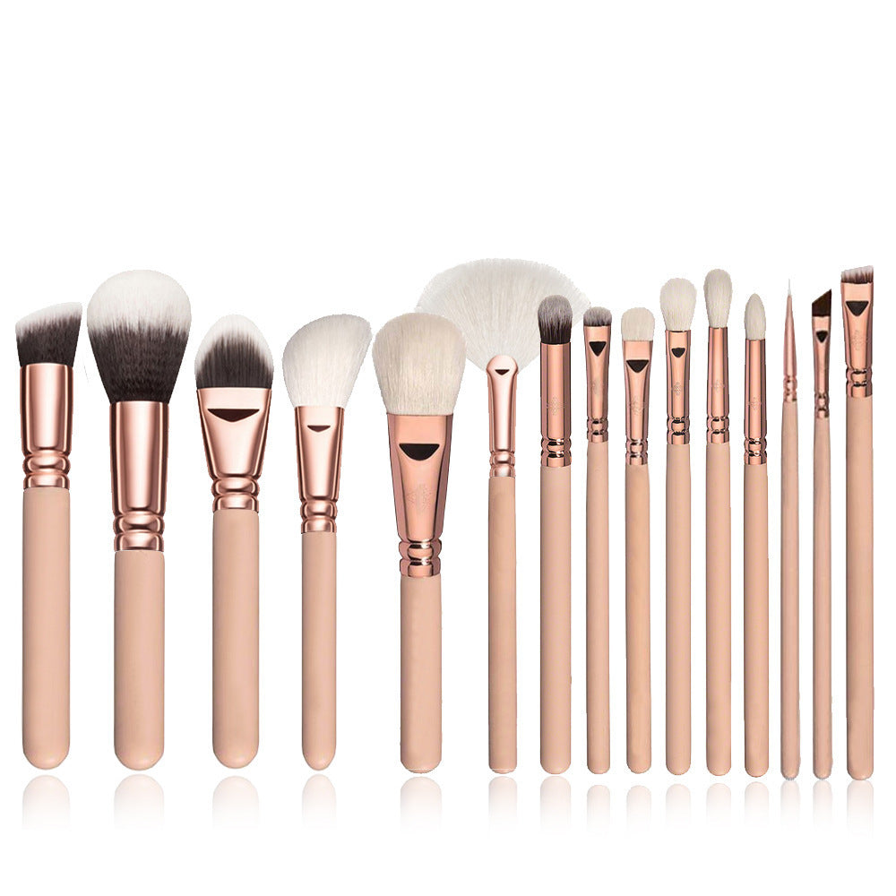 15-Piece Rose Gold Makeup Brush Set – Corrugated Silk Nylon Bristles with Wooden Handle, Portable Full Makeup Tool Kit