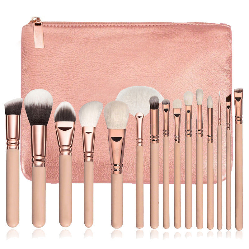 15-Piece Rose Gold Makeup Brush Set – Corrugated Silk Nylon Bristles with Wooden Handle, Portable Full Makeup Tool Kit