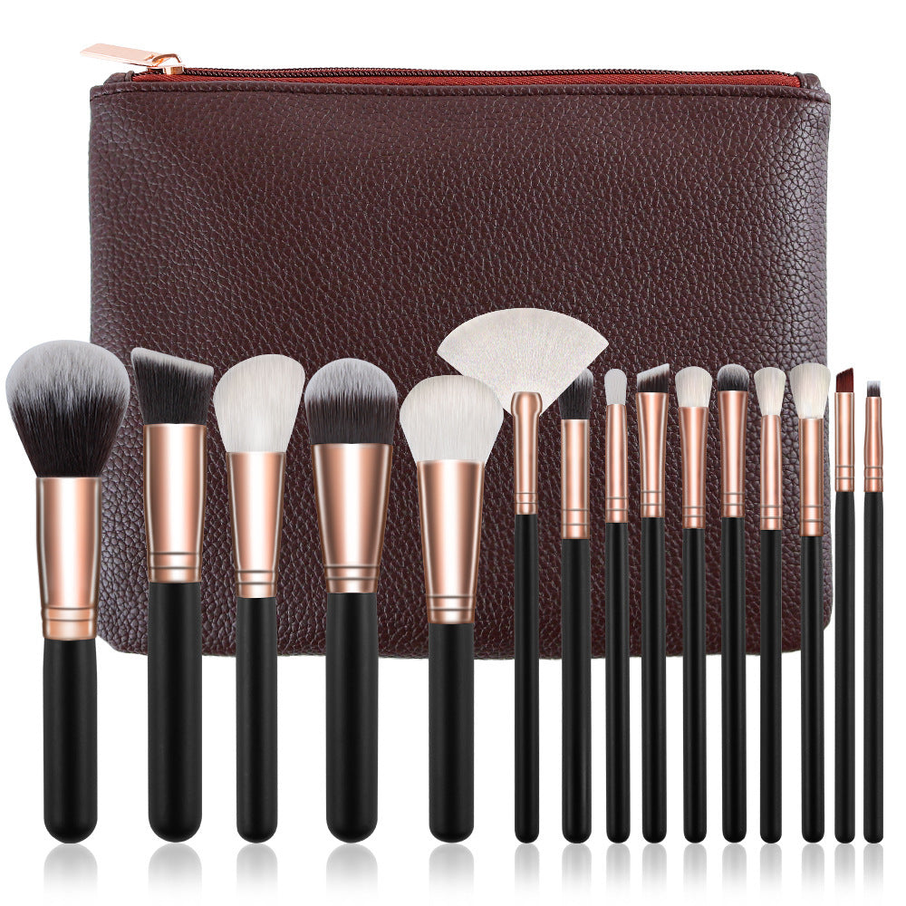 15-Piece Rose Gold Makeup Brush Set – Corrugated Silk Nylon Bristles with Wooden Handle, Portable Full Makeup Tool Kit