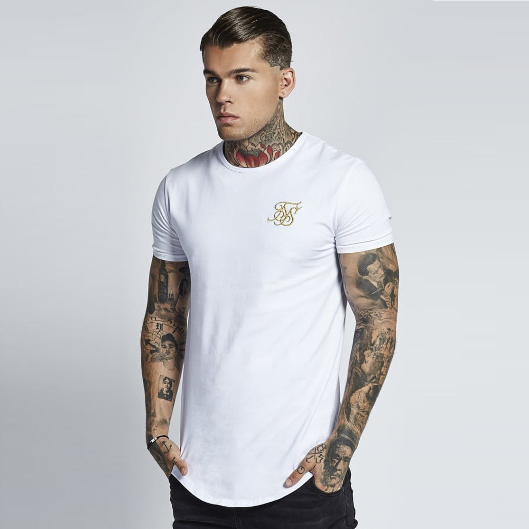 Fitness T-shirt Men's Hip Hop T-shirt Irregular Curved Hem Short Sleeve