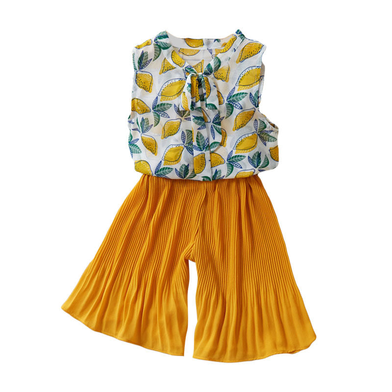 Summer Clothing Set Lemon Print Shirt Pleated Chiffon Suit Fashion Ruffled Suit